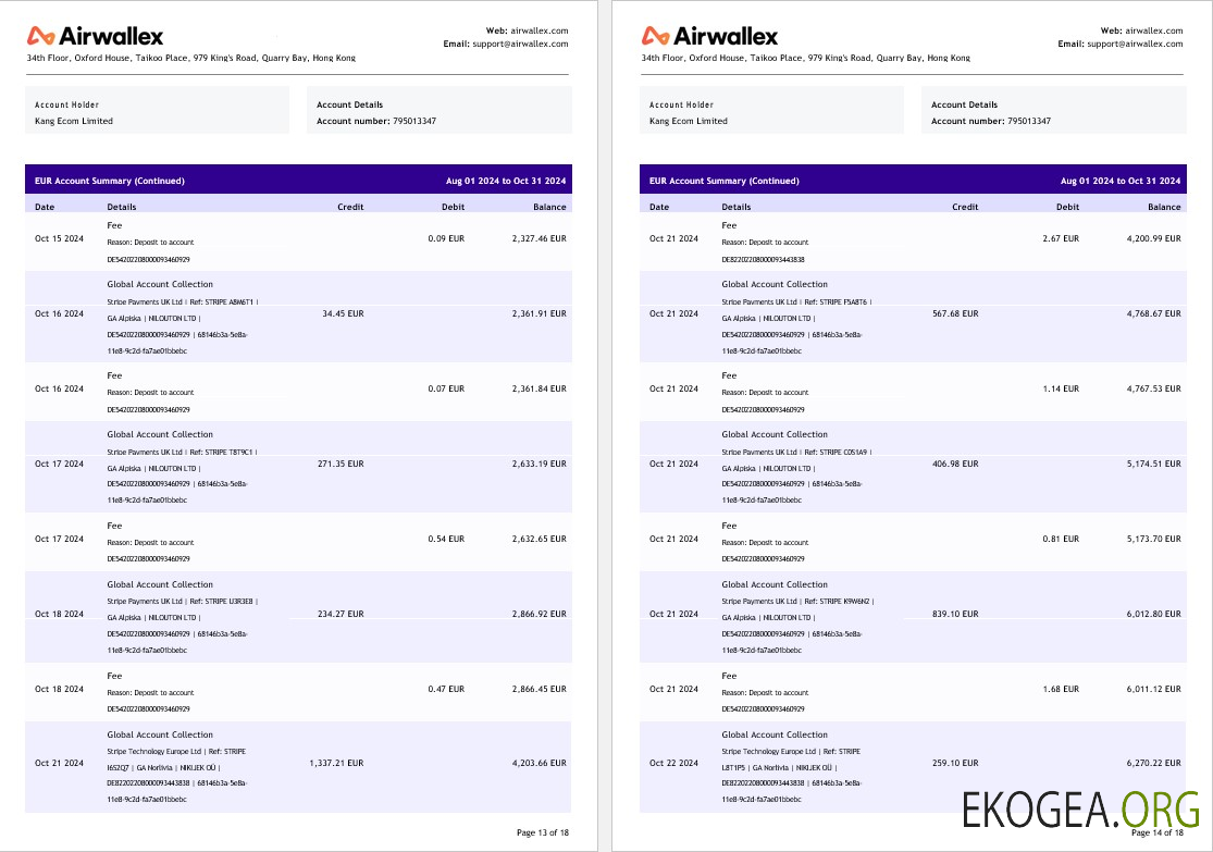 Relevé de compte de Hong Kong Airwallex Limited, 18 pages 7